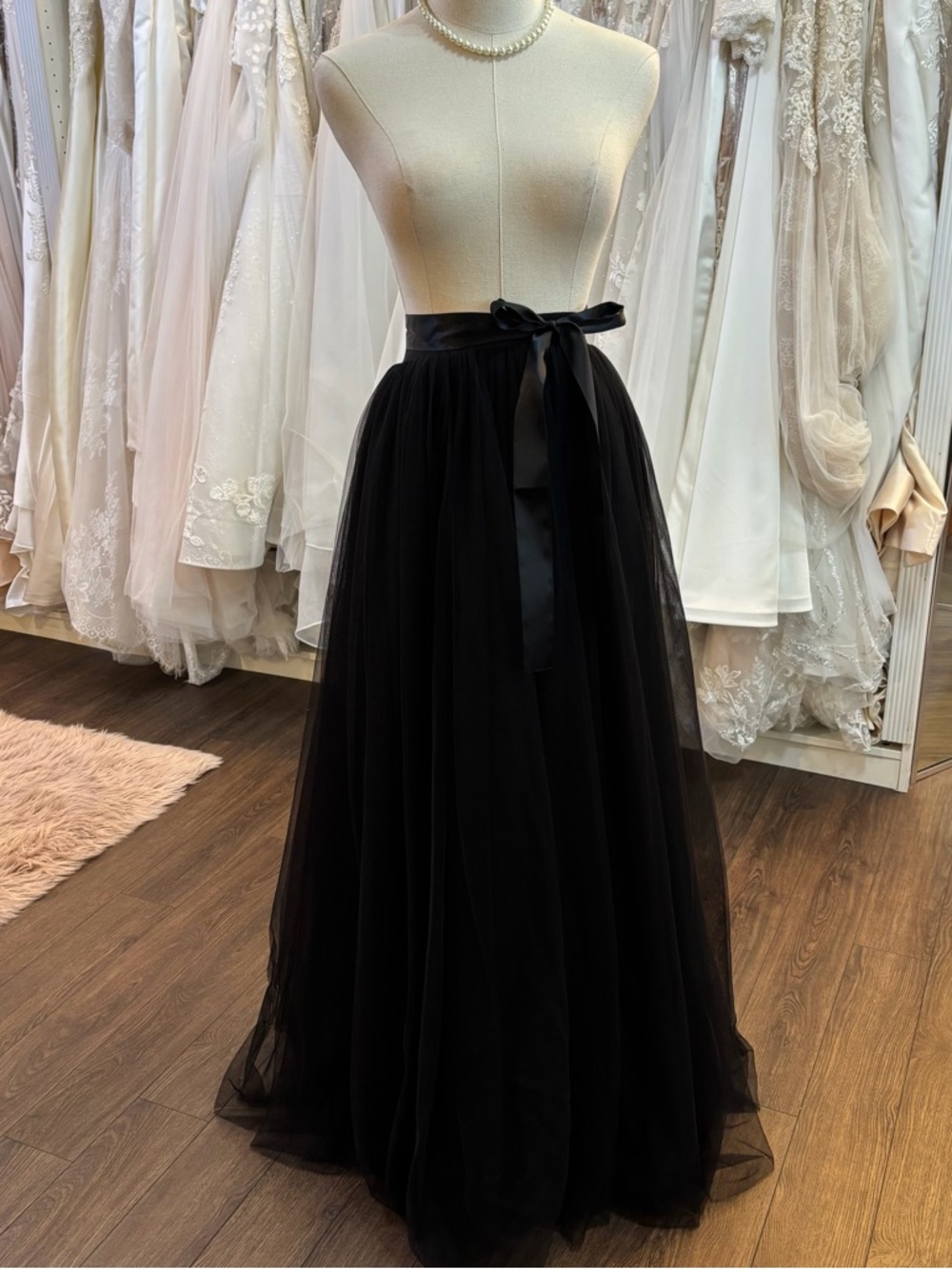 Elegant Black Tulle Maxi Skirt with Satin Waist Tie
